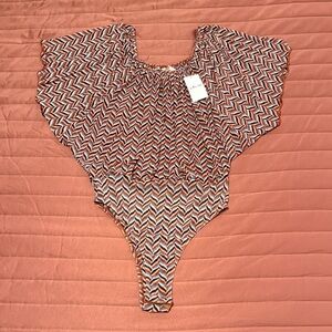 Chevron Bodysuit in Black, Orange and Off White